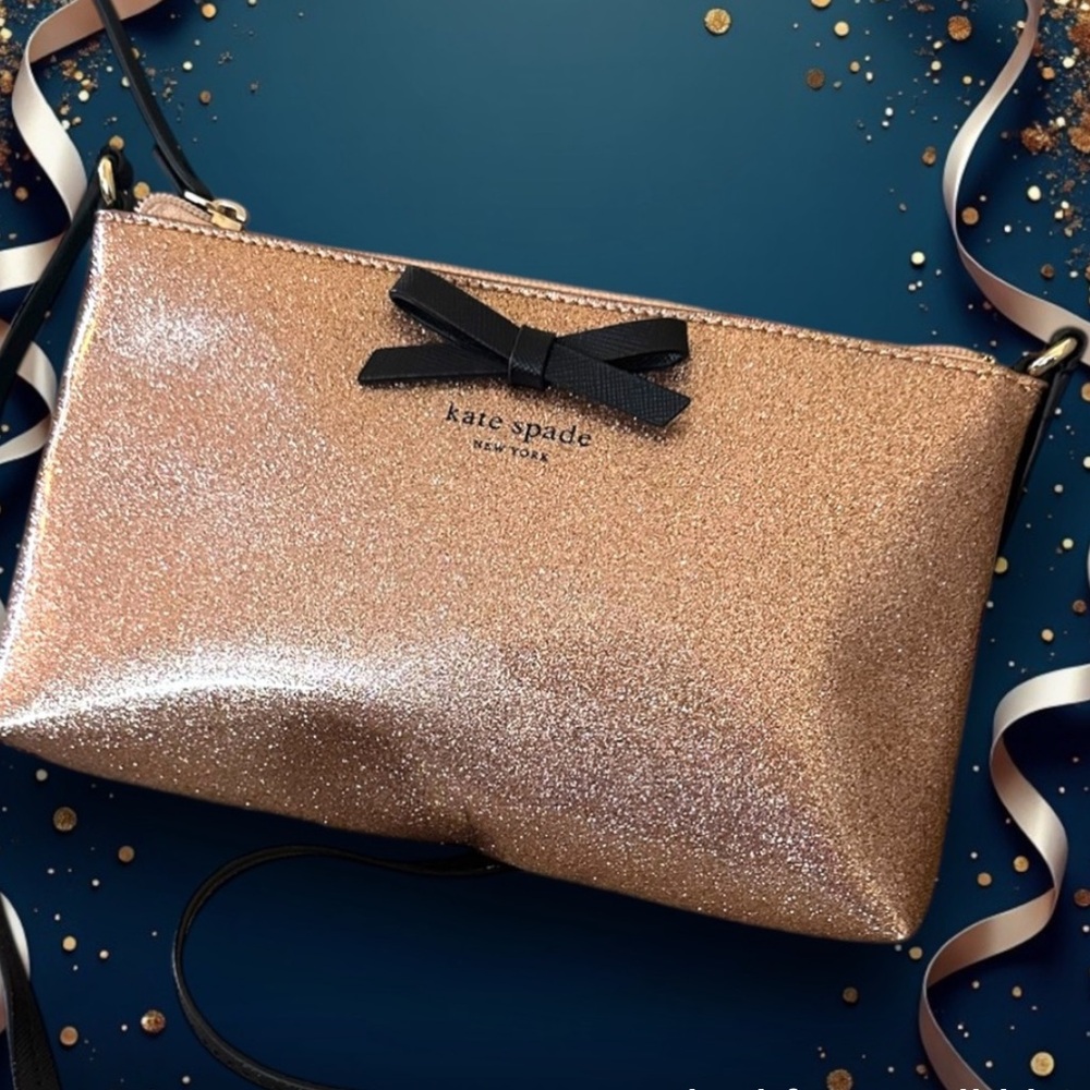 Kate Spade Emery Street Amy Glitter Rose Gold Crossbody With Black Bow - Picture 6 of 14